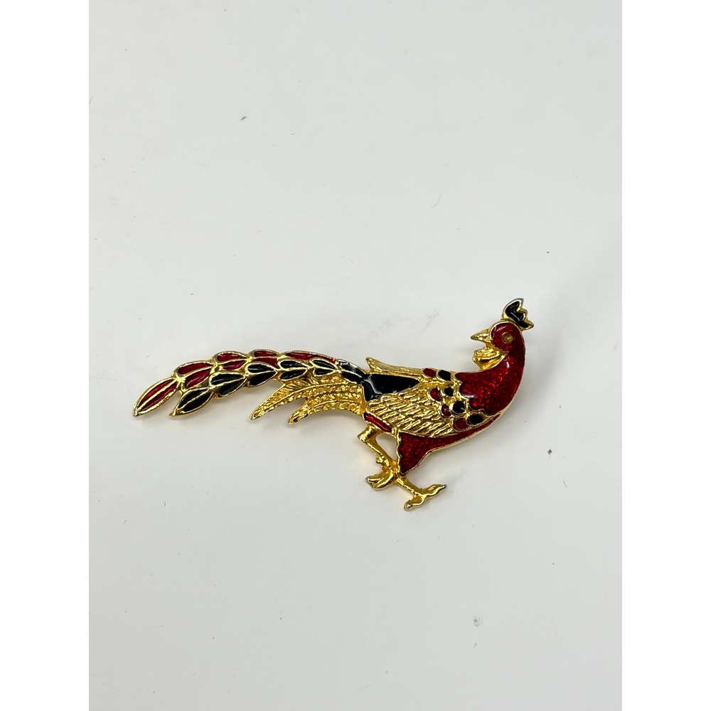Vintage Pheasant Bird Brooch Red Black Enamel Gold Tone Animal Lapel Pin
